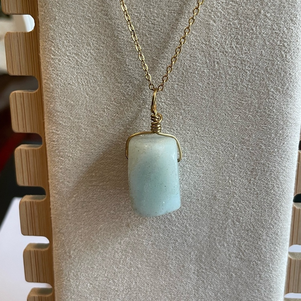 Natural Amazonite Pendant Necklace – Gold Wire Wrap, 20” Chain, Handmade NEW
